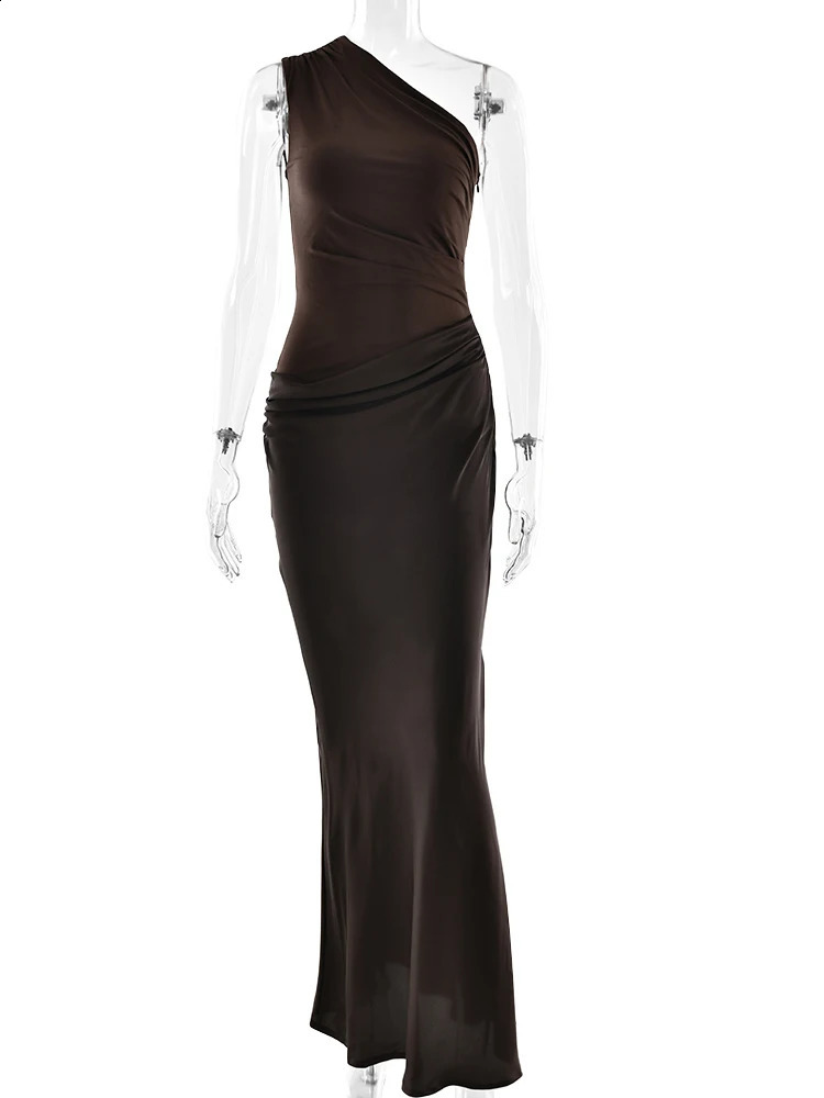 JULISSA MO Patchwork Satin Sexy One Shoulder Women Maxi Dress Brown Sleeveless Evening Summer Slim Elegant Party Clubwear y250922