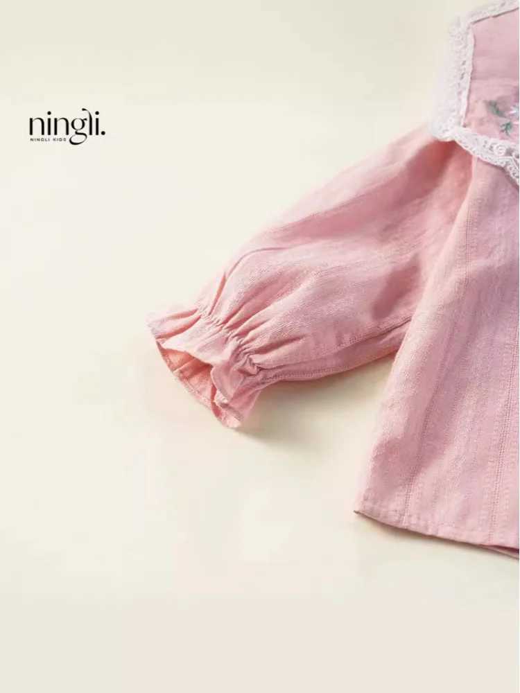 Girls White Shirt Lapel Childrens New Autumn Embroidered Shirt Baby Girl Trendy Long Sleeve Top C251007