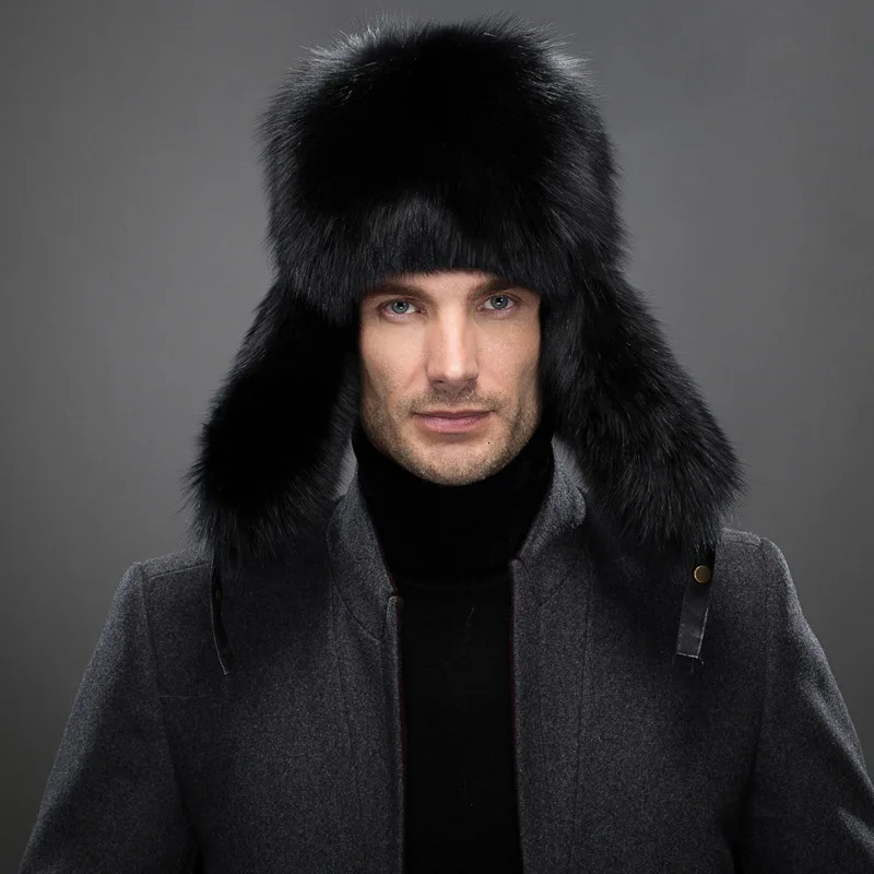 Winter Mens 100 Real Silver Fox Fur Bomber Hat Raccoon Fur Ushanka Cap Trapper Russian Man Ski Hats Caps Real Leather Top 250929