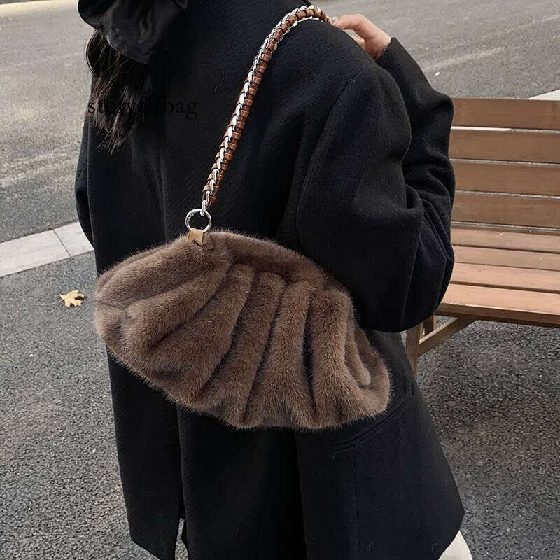 MOODS Pleated Design Faux Fur Shoulder For Women 2024 Designer Purses And Handbags Winter Warm Soft Plush Hobo Bags