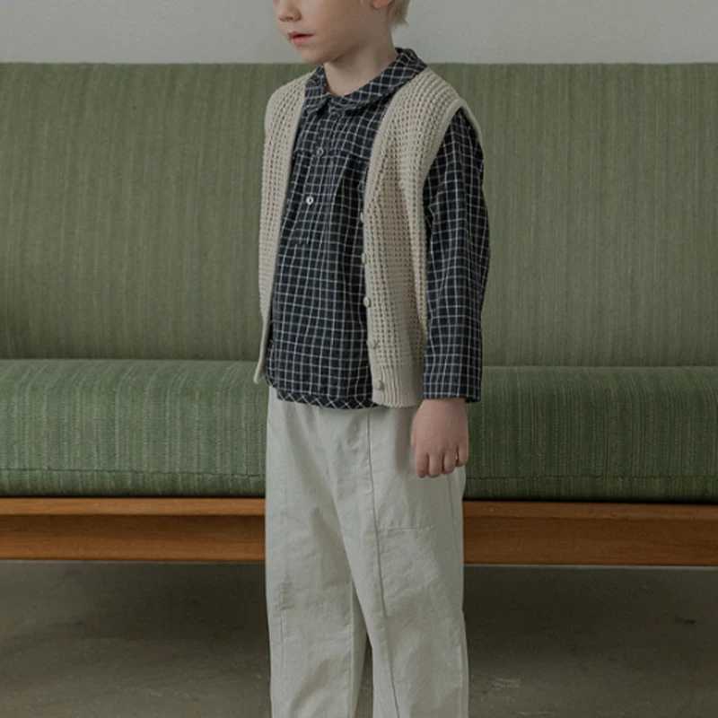 Retro Black Plaid Boys Shirts 2025 Autumn New Lapel Buttons Casual Childrens Cotton LongSleeved Shirt Girls Clothes C251007