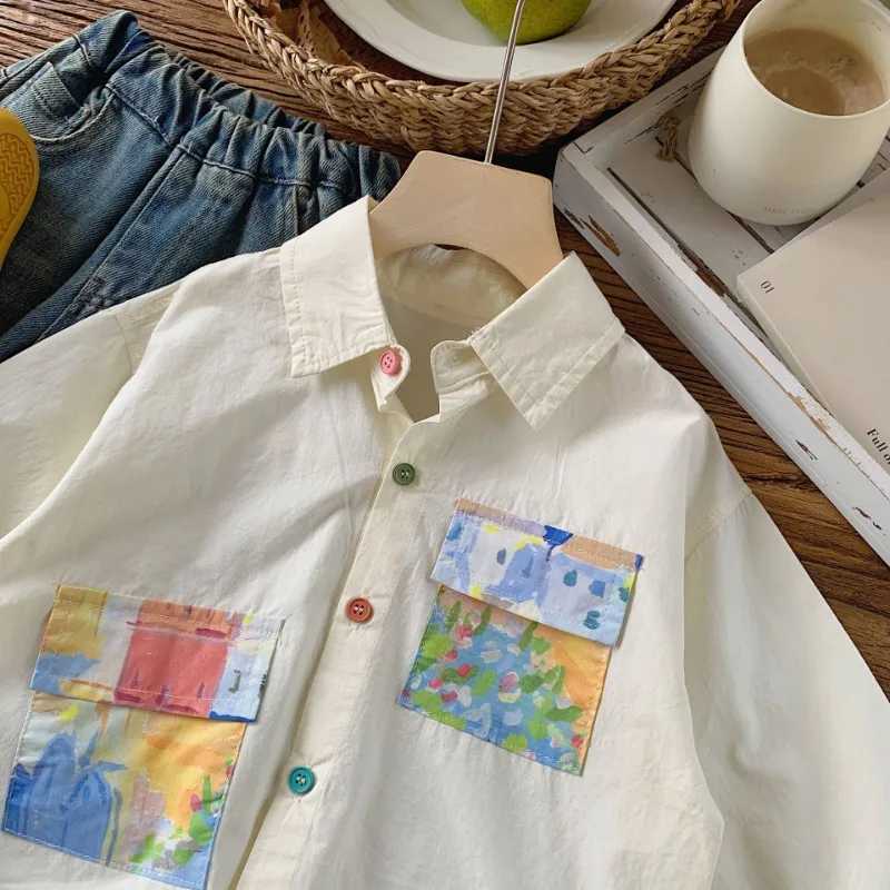 2024 Summer Kids colorful painting long sleeve shirts Boys pure cotton thin shirt turndown collar Tops C251007