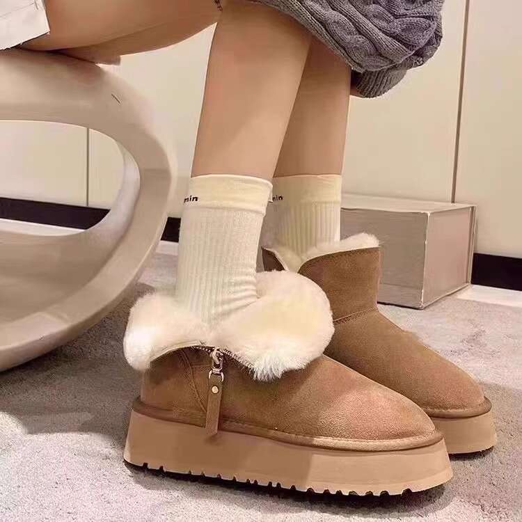 Northeast Snow Boots for Women Winter 2025 New Style Fleece Lined Thickened Khaki Cotton Thick Sole Non-Slip Warm Bread Shoes
