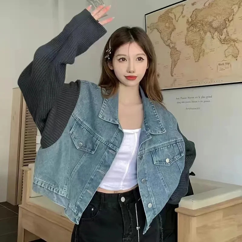 Lazy Wind Ladies Splicing Together Jeans Jacket Autumn Winter Female Loose Hooded Knitted Denim Coat Women Cow Outwear 250930