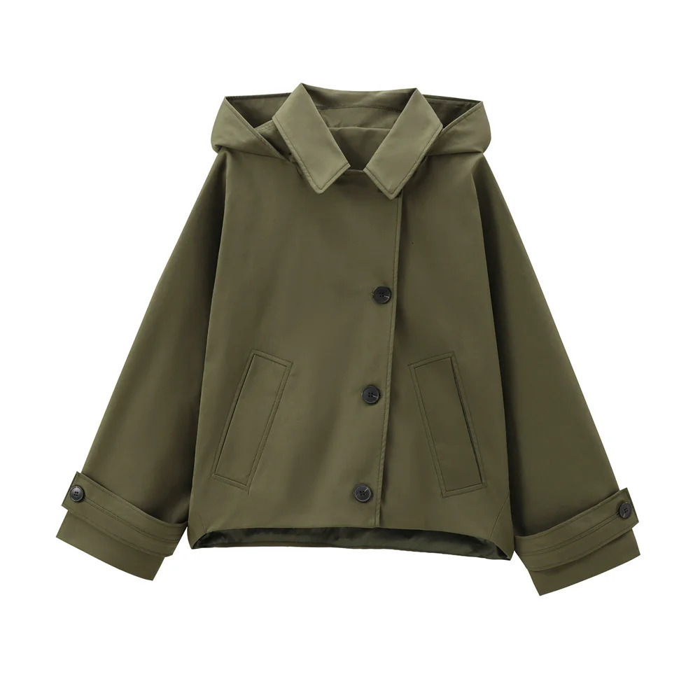 Autumn European and American style hooded long sleeved lapel jacket single breasted trench coat short 250930