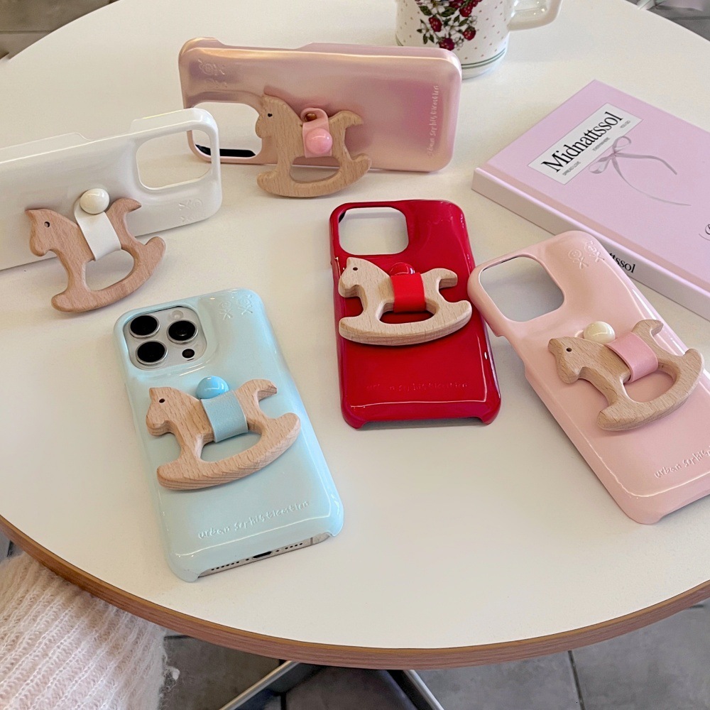 for iPhone 17 Pro Max Case, Simple Pure Color Cute Leather Wooden Horse Stand Smooth Feel Suitable for Girls Shockproof and Wear-Resistant Phone Case