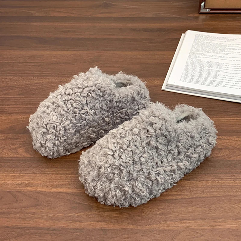 Platform Women Fluffy Slippers Flats Mules Shoes Plush Warm Home Shoes Winter Casual Slingback Shoes Comfort Slides Mujer 250930