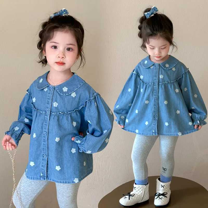 Girls Full Print Flower Denim Shirt Spring and Autumn 2025 New Childrens Korean Version Fashionable Little Girl Casual Top C251007
