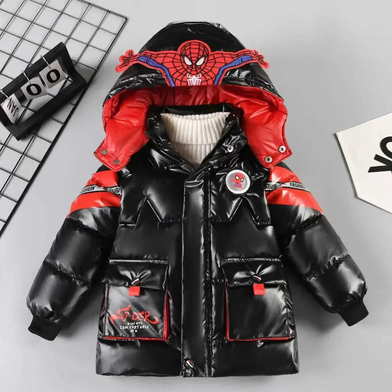 Disney 2025 Winter Kids Down Jacket Baby Boy Cartoon Spiderman Thicken CottonPadded Warm Hooded Parka Coat Children Clothing Outerwear H251007