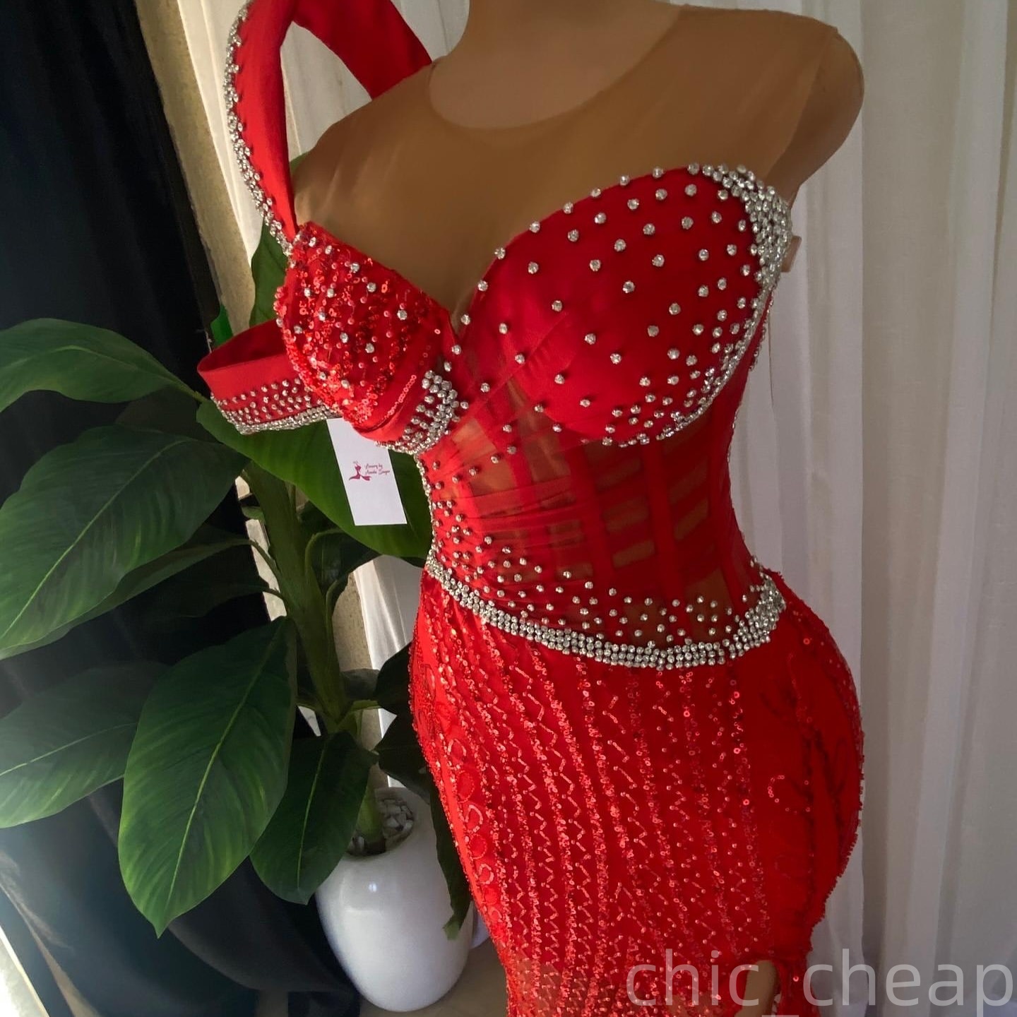 Red Mermaid Prom Dresses 2025 Crystals Sheer Neck Sequined Lace Evening Formal Party Second Birthday Engagement Gowns Plus Size Dress For Special Occa