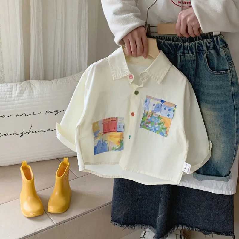 2024 Summer Kids colorful painting long sleeve shirts Boys pure cotton thin shirt turndown collar Tops C251007