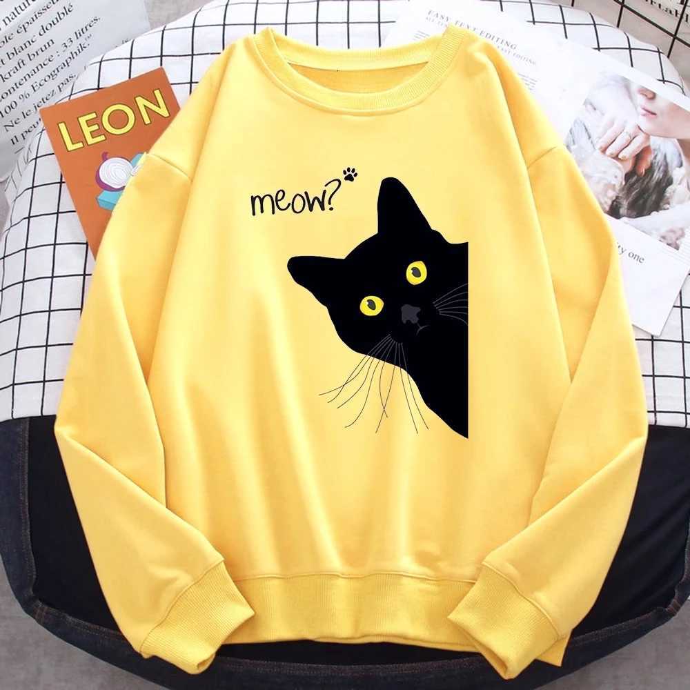 Winter Fall Harajuku Woman Sweatshirt Meow Black Cat Printing Hoodies Comfortable Pullover Crewneck Casual Female ClothesT251105