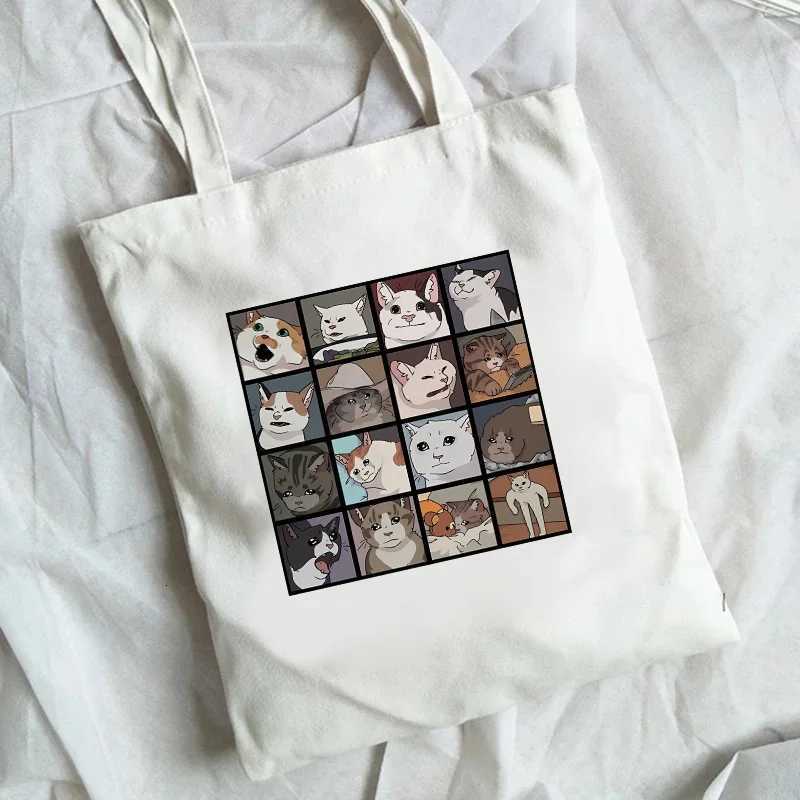 Cat Meme Shopping Bag Graphic Tote Harajuku Shopper Bag Women Canvas Shoulder Bag Eco LargecapacityT251007