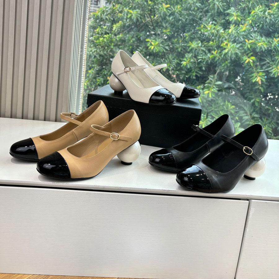 Top quality Patent leather Round-toes Mary Jane Pearl heels slingback Sandals Dress shoes pumps ballerina heel Luxury designer Kitten Heel Evening party shoes