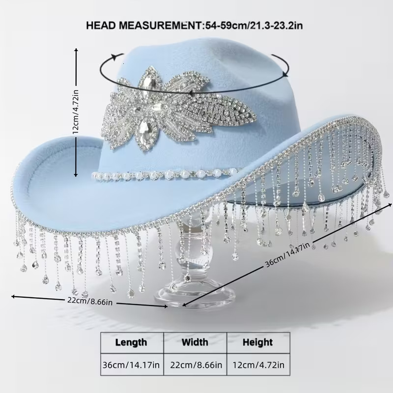 Rhinestone Tassel Wool Western Cowboy Hat Large Head Circumference Hat Autumn Winter Women Elegant Jazz Fedora Wide Brim 250326