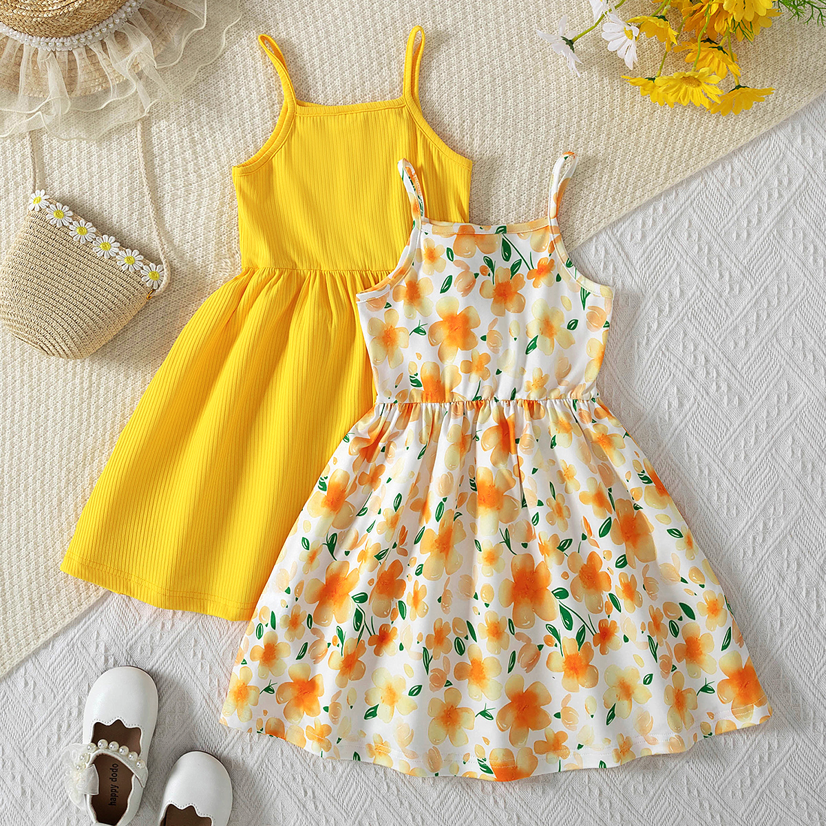 Girls' 2 - Piece Sling Dress Set, Yellow Solid & Floral Print Dresses, Vibrant Summer Outfits for Kids-2587