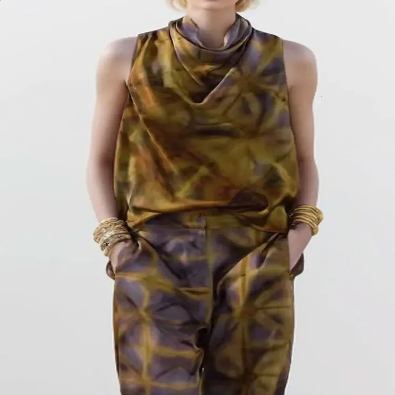 Tinsonan ONeck Sleeveless Back Zipper Top Front Folded Pants Casual Womens Printed Two Piece Set 240814wtt