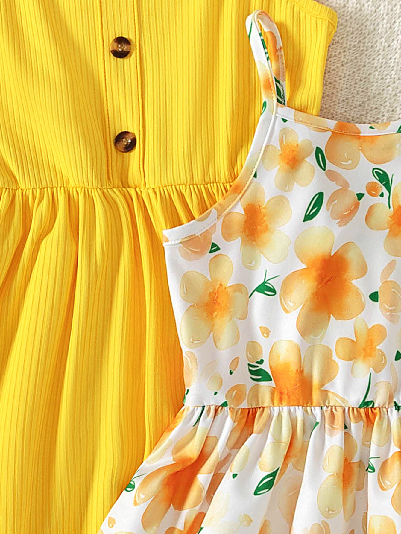 Girls' 2 - Piece Sling Dress Set, Yellow Solid & Floral Print Dresses, Vibrant Summer Outfits for Kids-2587