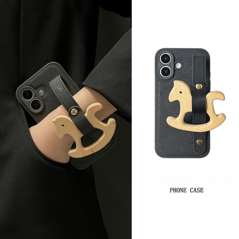 for iPhone 17 Pro Max Case with Wrist Strap Pink Moon Crater Pattern Wooden Horse Design with Adjustable Wristband Kickstand Shockproof TPU Protection