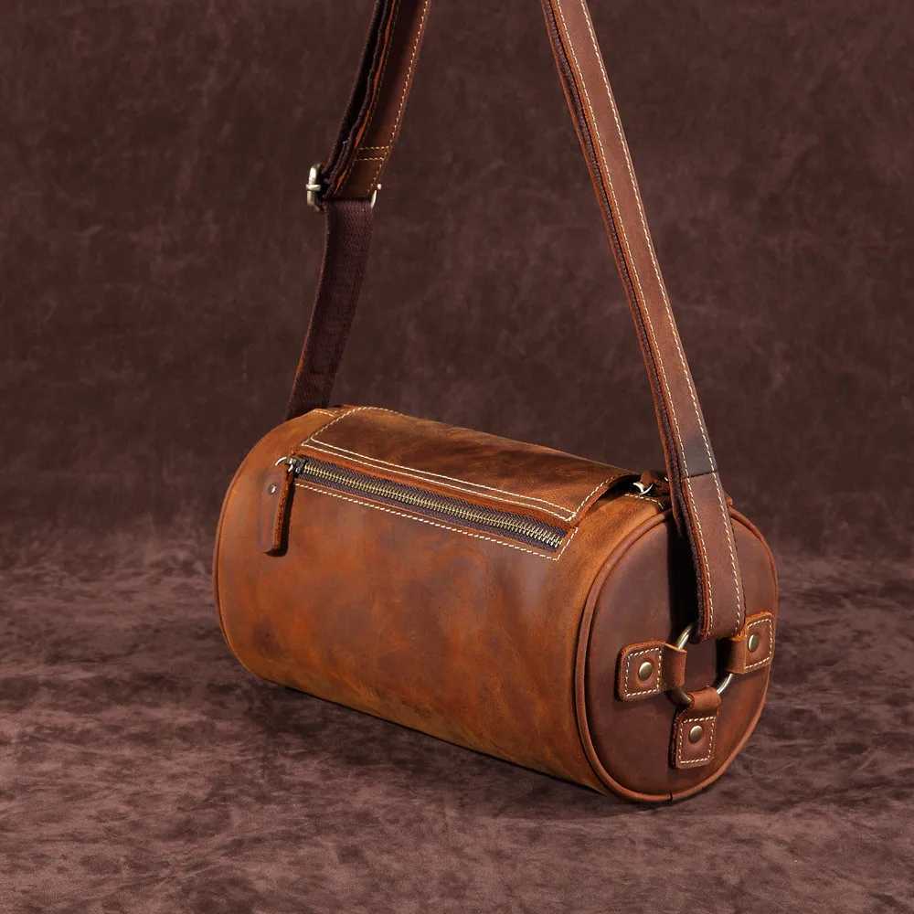 Crazy Horse Leather mens top layer cowhide cylinder bag genuine leather retro singleshoulder bag crossbody pillow bagT251007