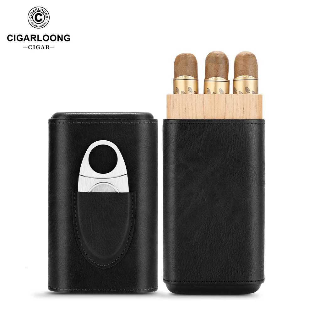 Leather Cigar Case Cedar Wood Lined Portable Cigar Box Holder with Stainless Steel Cigar Cutter Gift Box for 23 Cigars CH24FT1 Y251008