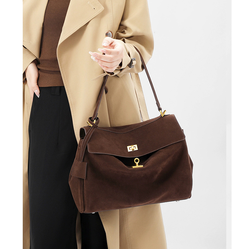 Suede Genuine Leather Kelly Bag Underarm Bag Womens Highend Niche Secondhand Handbag Large Capacity Tote Bag 250903