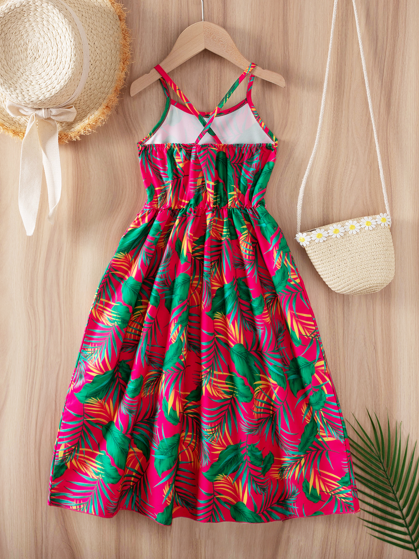 Girls' Tropical Plant Print Sling Dress, Cute Beach Dress for Kids, Summer Casual Outfit-2447