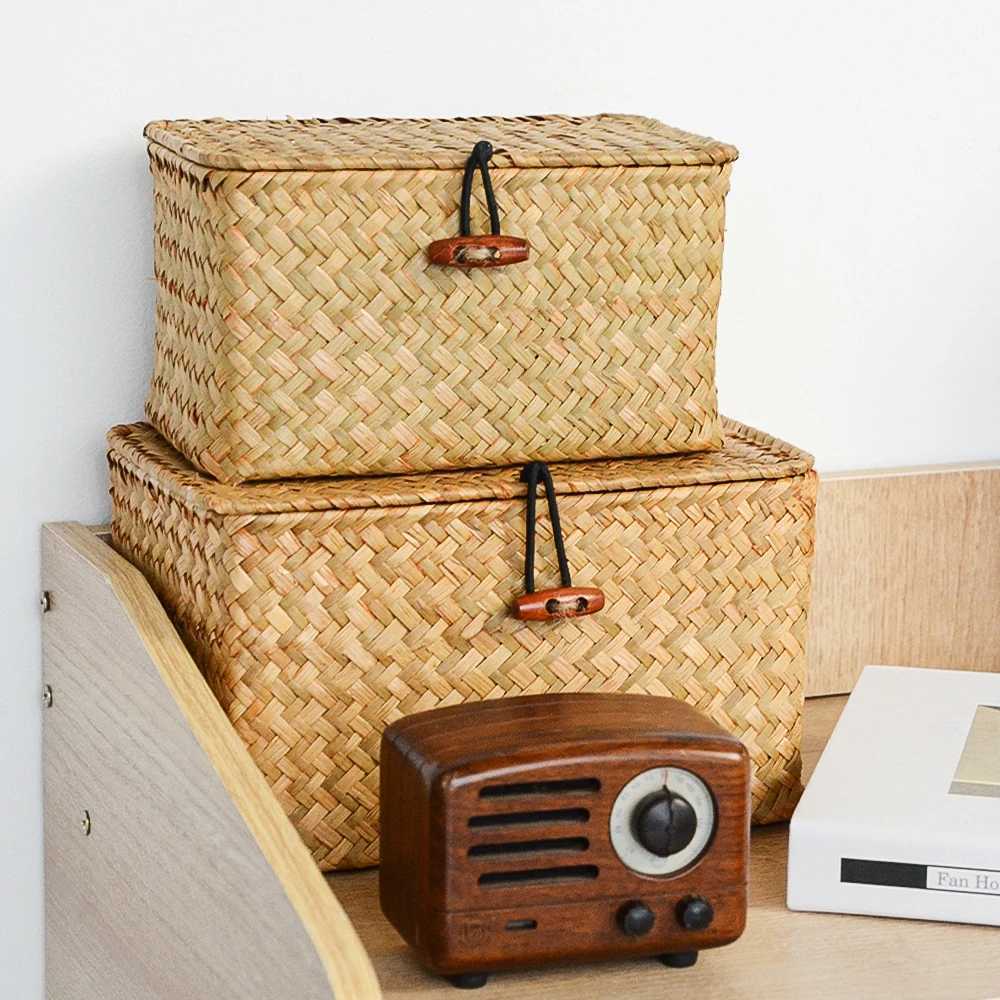 Storage Shelf Basket with Lid Rectangular Handmade Seagrass Rattan Woven Makeup Organizer Multipurpose Container Natural Box for C251008