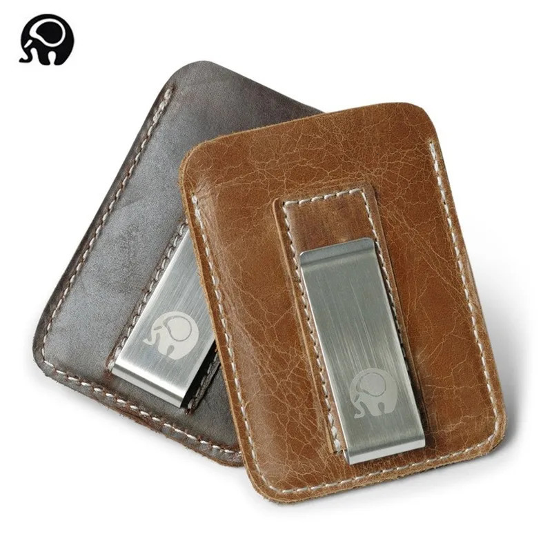 Thin Genuine Leather Money Clip Mini Wallet Men Credit Card Slot Slim Bills Metal Cash Clamp for Man Small Billfold Holder 250923CJ