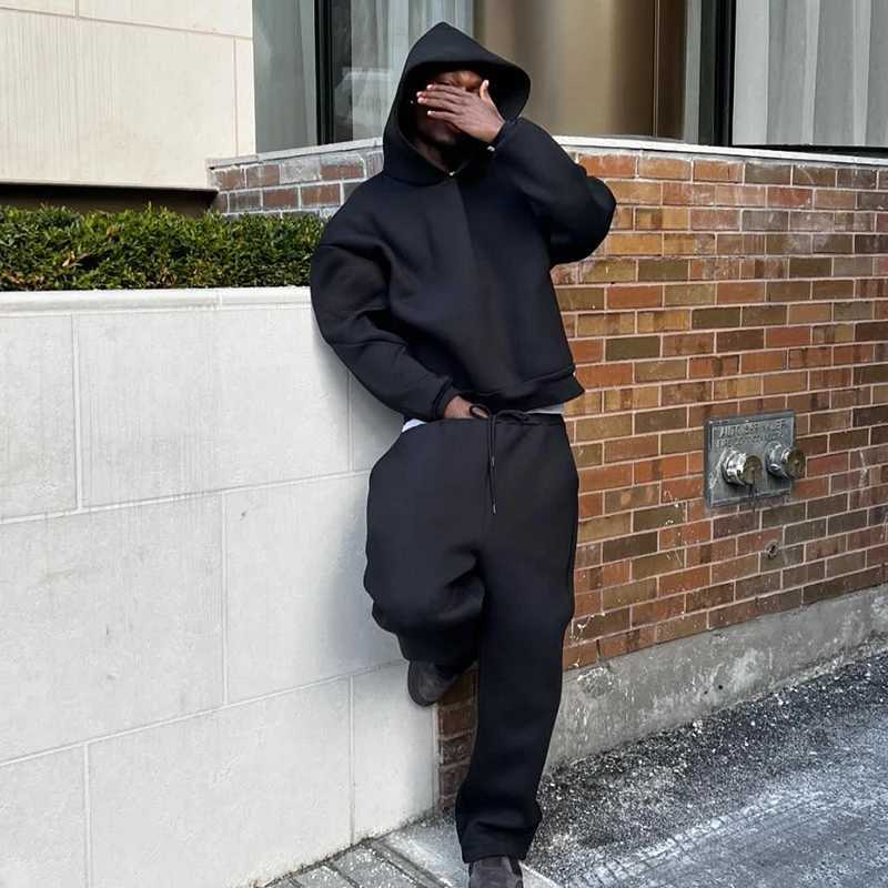 Casual Solid 2 Piece Set Hooded Pullover Straight Pants Tracksuit For Male Fashion Loose Hoodies Sweatshirt Wide Leg Sweatpants1 D251008