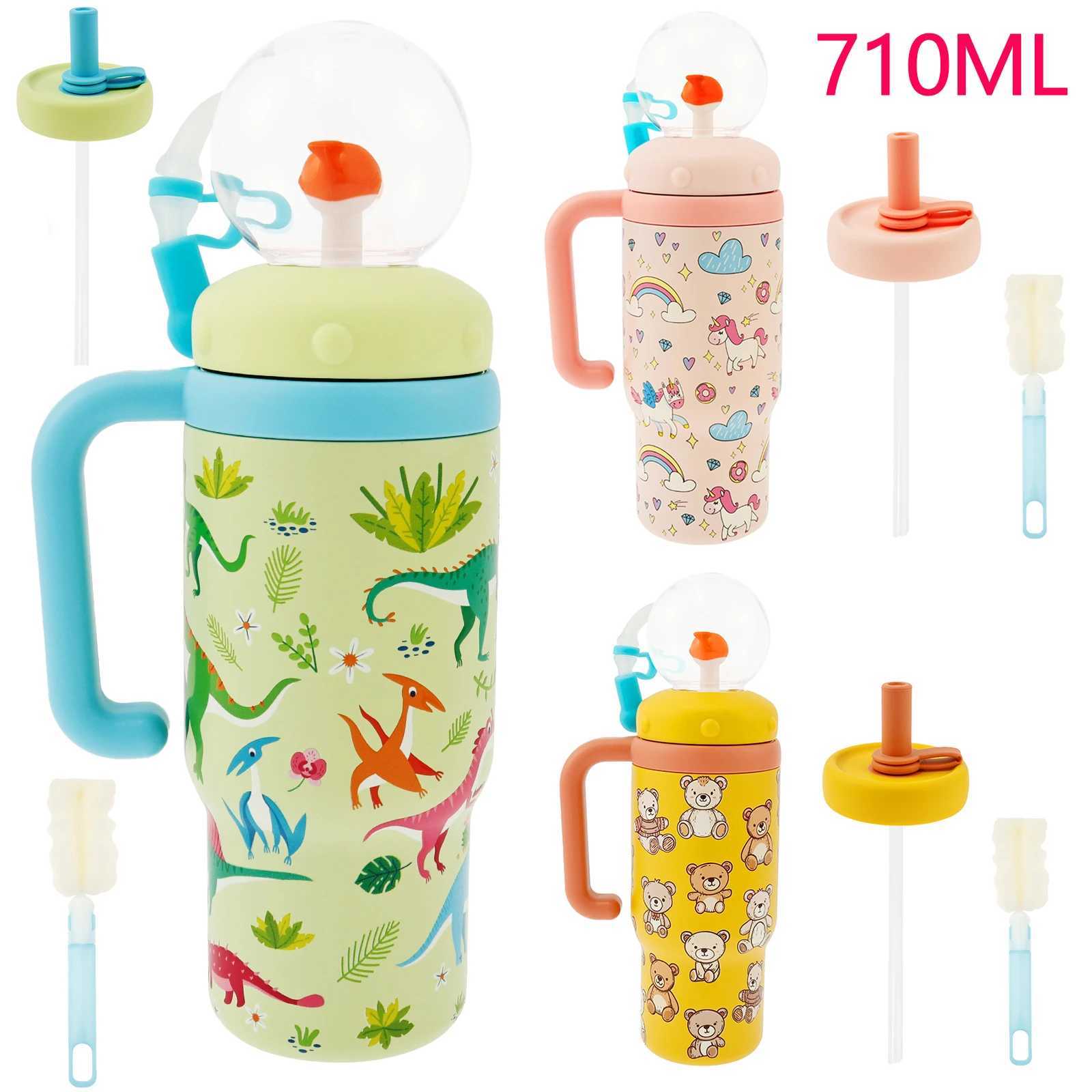 710ml Thermal Insulation Mug with Handle and Straw Large Capacity Tumbler Stainless Steel Water Bottle Whale Fountain Cup Mugs C251008