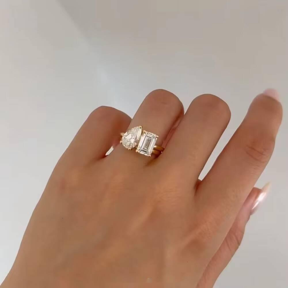 Custom MOI ET TOI Style 2CT Pear Octagon Moissanite 18K Gold Yellow Wedding Engagement Ring Fine Jewelry Women Fine Rings