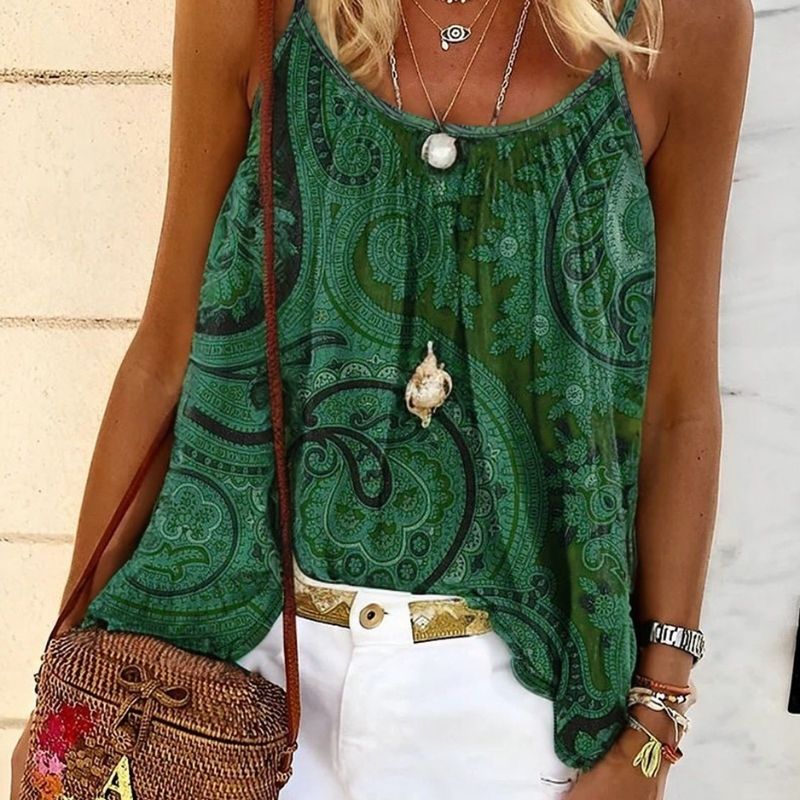 Women's Paisley Print Milk Silk Camisole Green Vacation Style Plant Pattern Sleeveless Top-CF56066