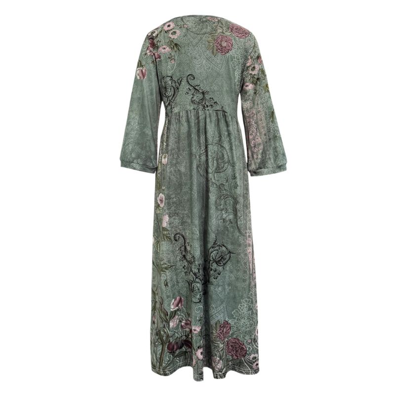 Women's Floral Print Milk Silk Mid-Sleeve Dress Army Green Loose A-Line Maxi Dress Spring Summer Vacation Outfit-CF56032