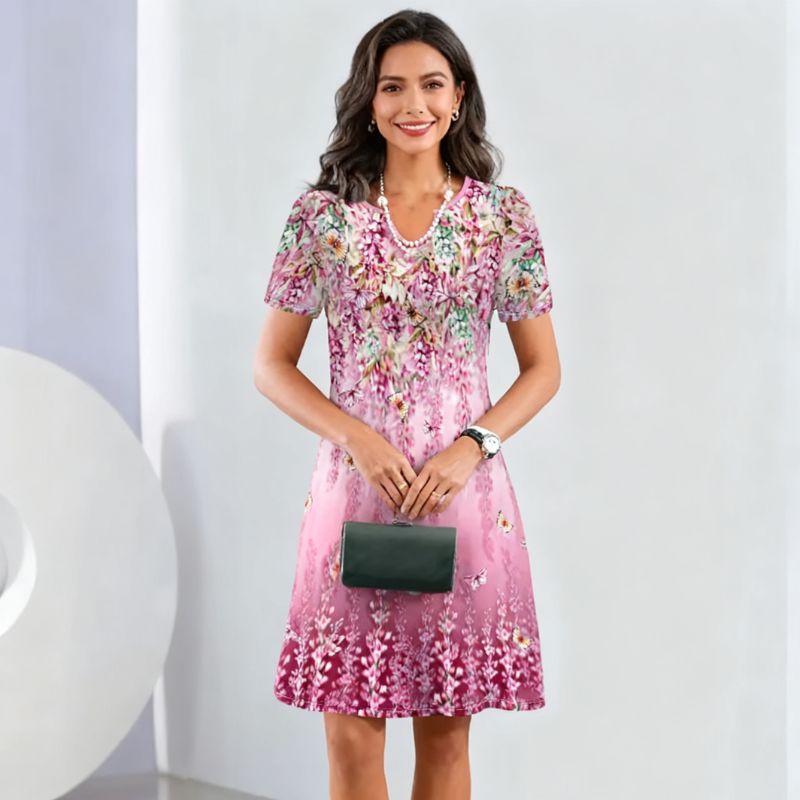 Women's V-Neck Short Sleeve Dress Floral Butterfly Print Milk Silk Gradient Pink Midi Dress Mother Vacation-CF52402