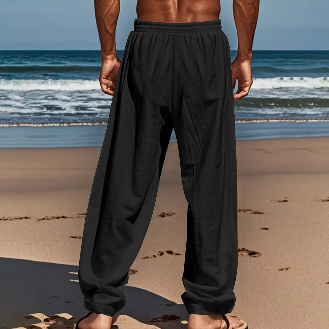 Men's Pants-Men's Linen Loose Breathable Beach & Yoga Pants Drawstring High-Waisted Casual Wide-Leg Trousers for Outdoor & Home