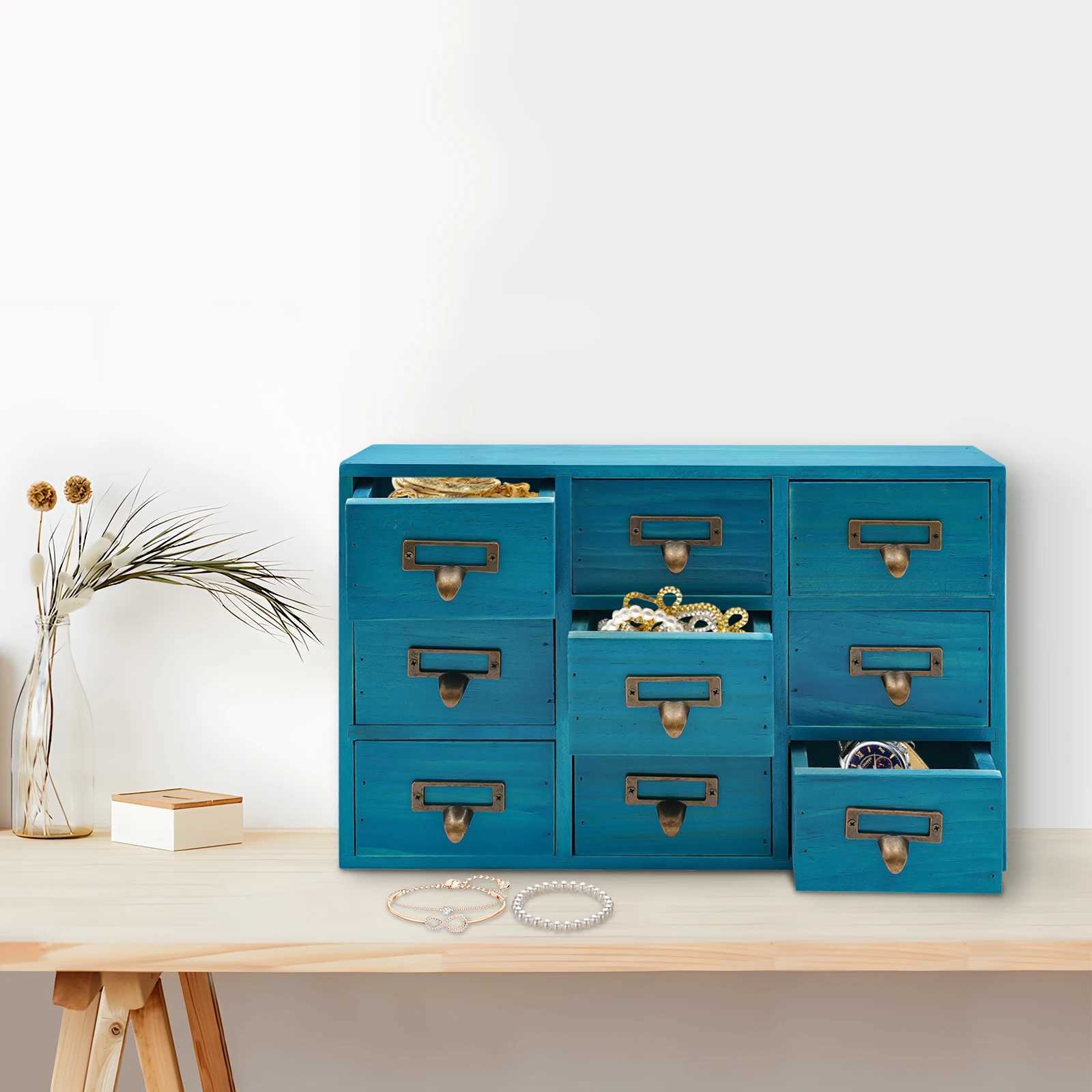 9Drawer Wooden Apothecary Cabinet Rustic Durable Blue Herb Storage Box Desk for CablesSpicesOffice Home C251008