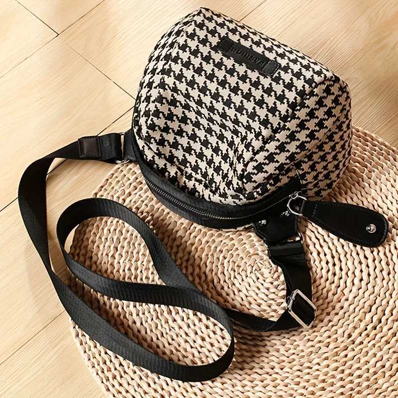 Versatile Houndstooth Canvas Bag for Women Adjustable Strap Secure ZipEmbroidered Detail Perfect for Travel Daily Use Chest BagT251007