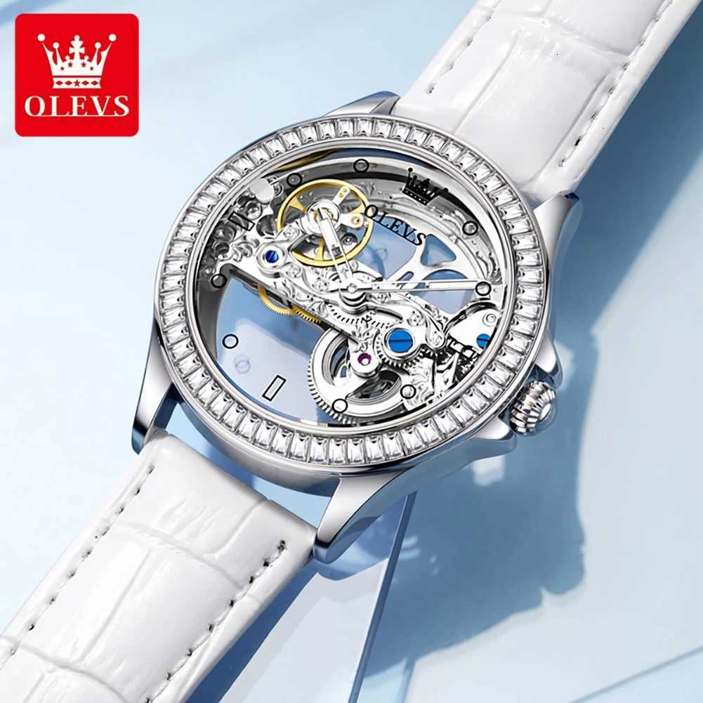 OLEVS Brand New Fashion Skeleton Mechanical Watch for Women Leather Strap Waterproof Transparent Womens Watches Relogio Feminino W250903