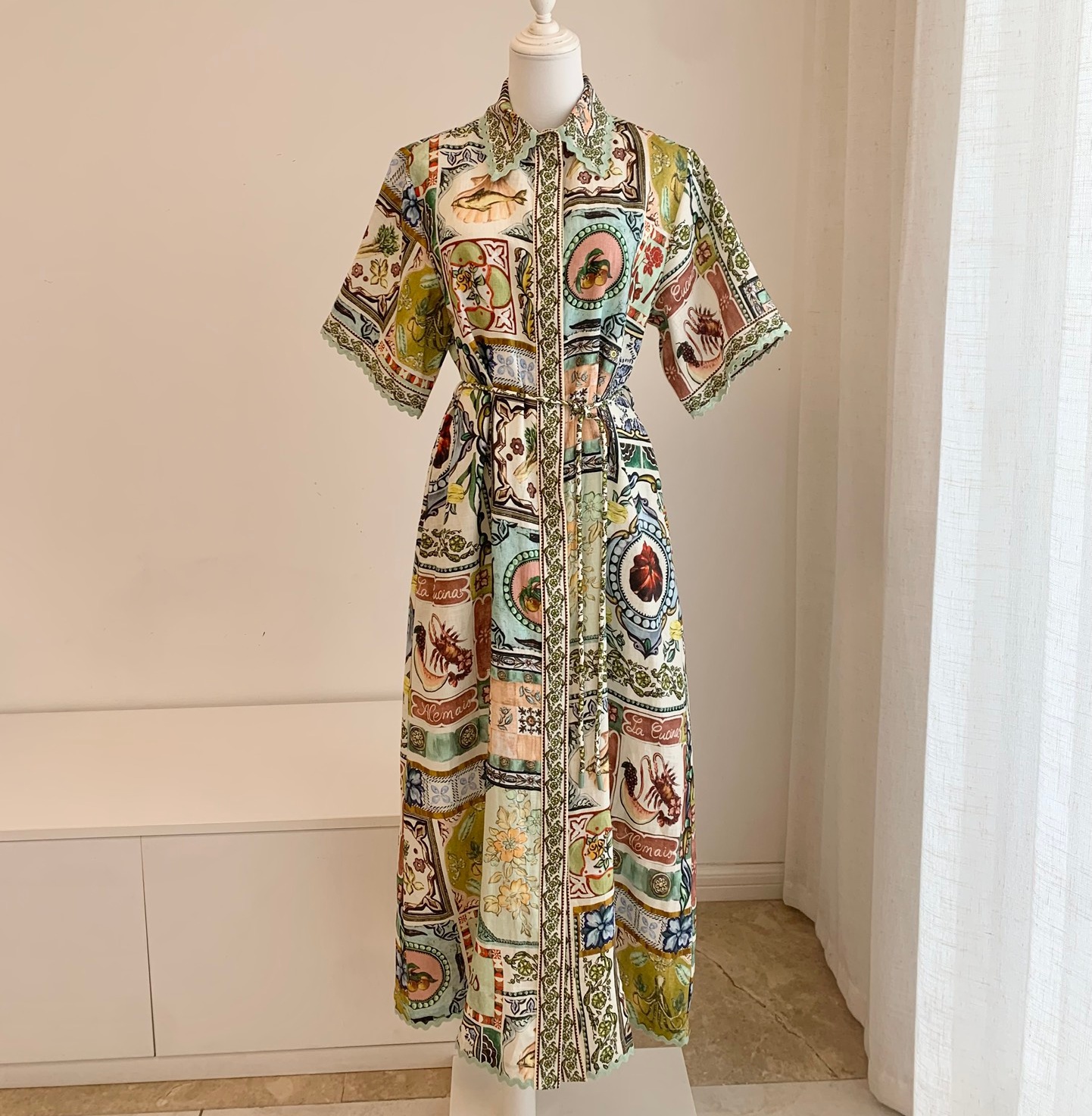 Australian designer luxury dress retro linen print loose casual versatile shirt style dress long skirt