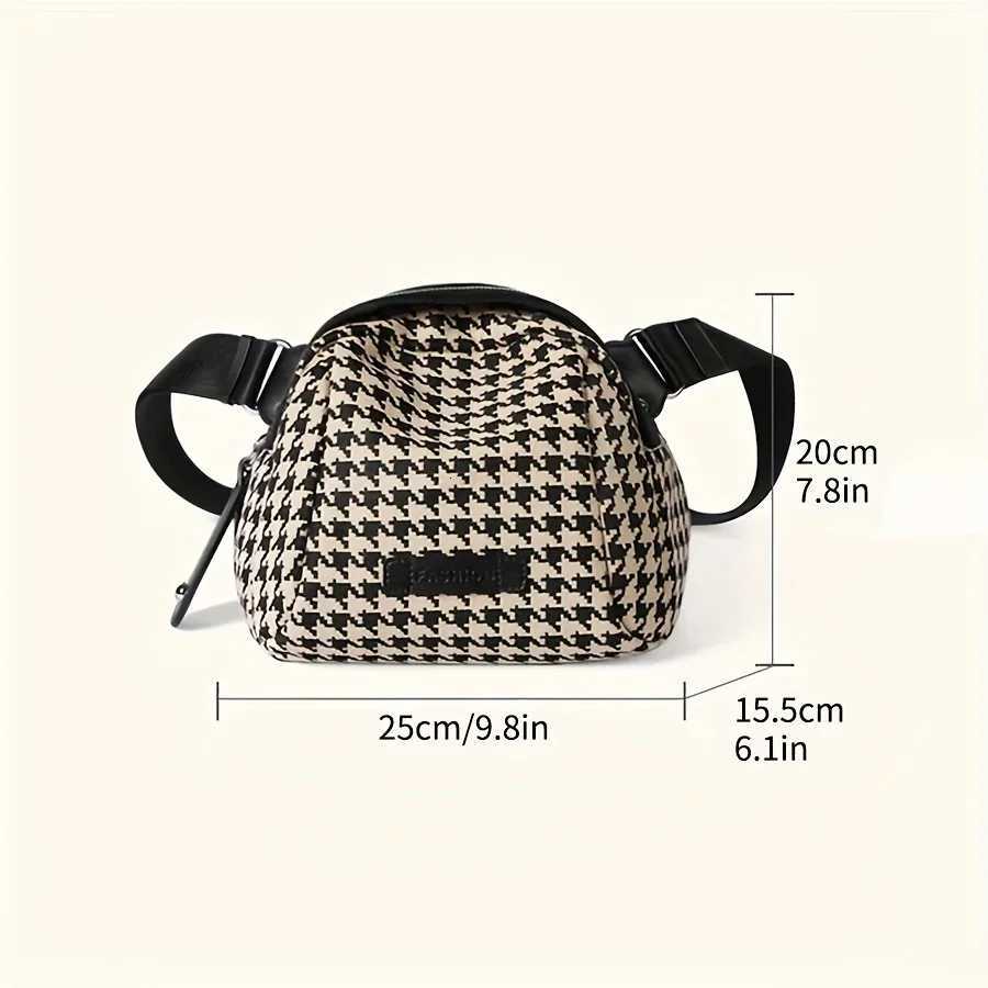 Versatile Houndstooth Canvas Bag for Women Adjustable Strap Secure ZipEmbroidered Detail Perfect for Travel Daily Use Chest BagT251007
