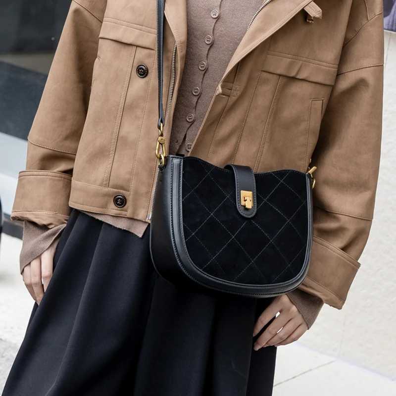 Hifashion Chic Suede Genuine Leather Saddle Small Shoulder Crossbody Bags For Women 2025 Luxury Designer Quilted Ladies HandbagsT251007