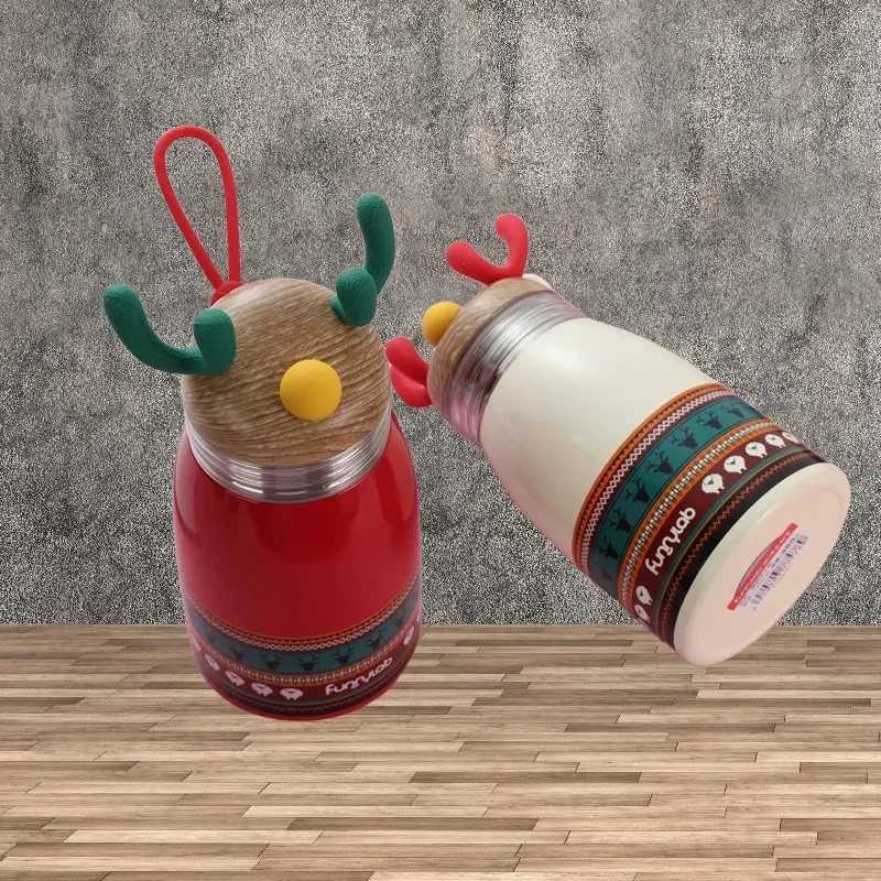 Portable Handle Cartoon Insulated Cup with Christmas Reindeer Design 304 Stainless Steel Suitable for Students C251008
