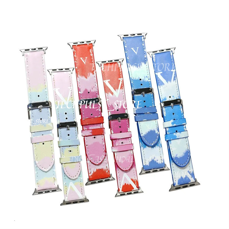 Designer Apple Watch Band For Iwatch 10 38Mm 40 41 42 44 MM 45 49 tech73 7 8 9 Se Ultra Straps Brown Flower Smart Watchbands Buckle Leather Beach Gradient Bracelet