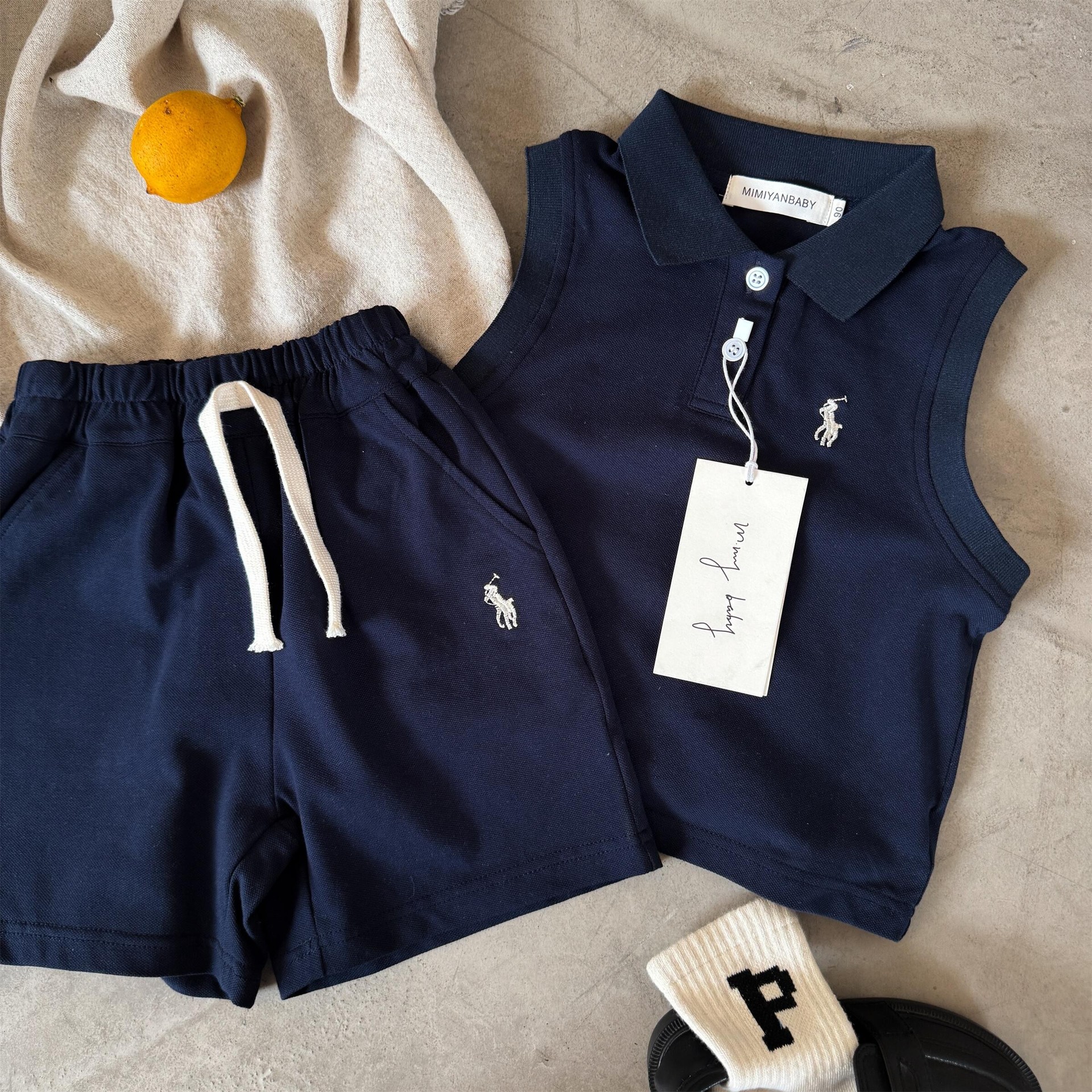 Free Shipping Kids Sleeveless Polo Set 2025 Breathable Summer Clothes England StyleToddler Playwear for Boys & Girls