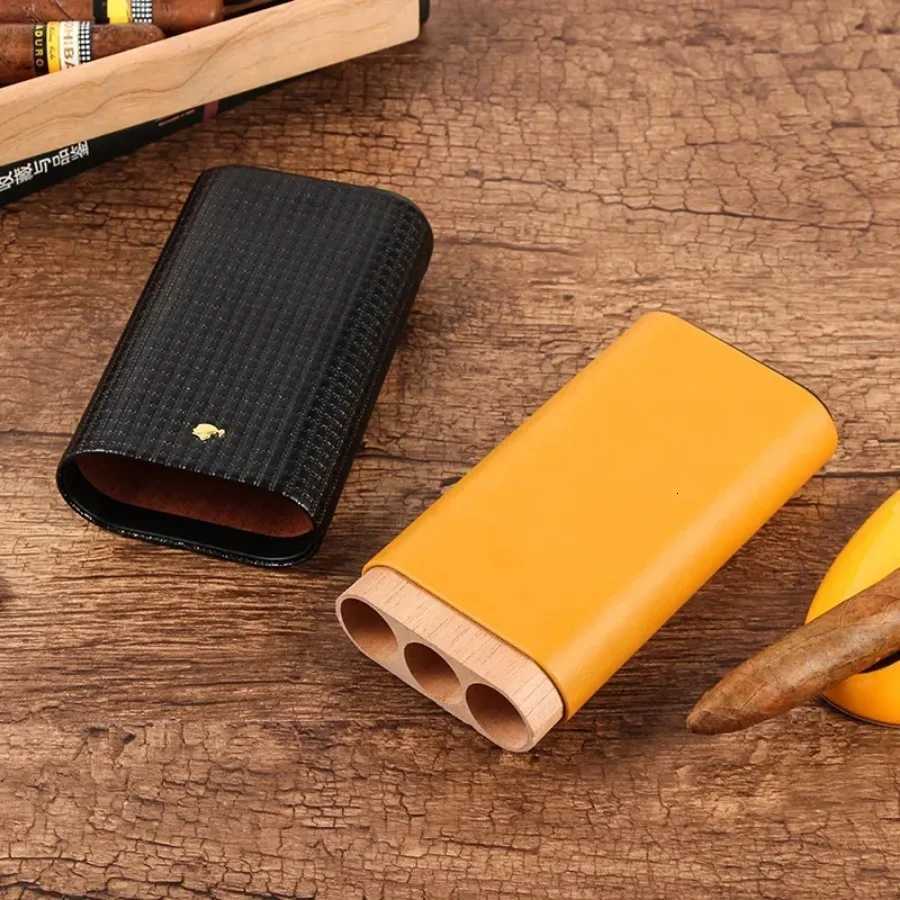 Portable Travel Cigar Humidor Box Holds 3 Cigars Black Leather Cigar Case Cedar Wood Tube Holder Tobacco Box Y251008