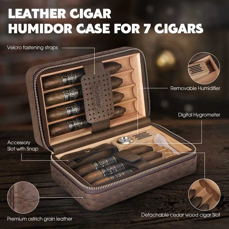 Portable Travel Cigar HumidorCedar Wood Lined Leather Case Built in Hygrometer HumidifierCigar Lighter with Holder Punch Y251008