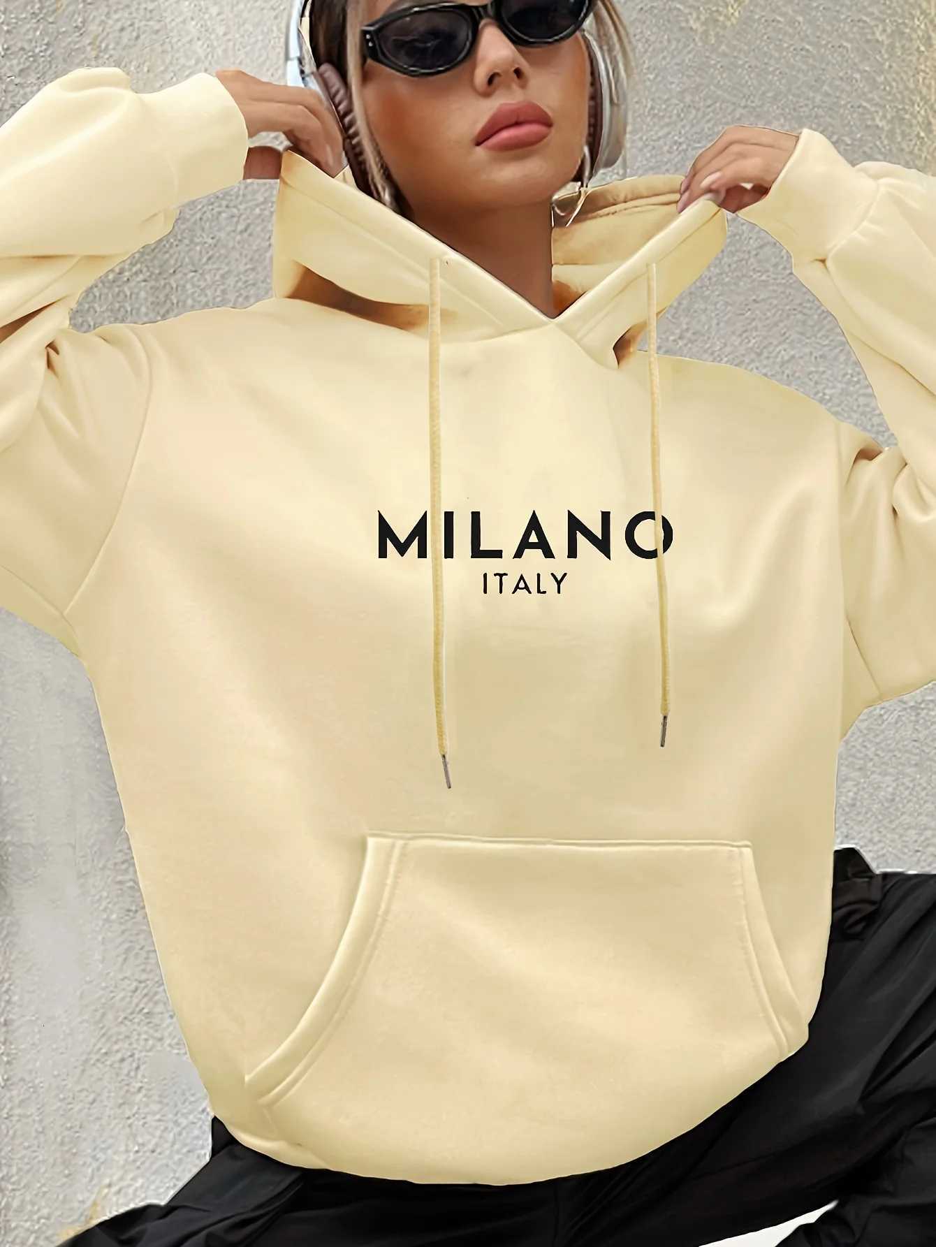Womens casual fashion hoodie sweatshirt MILANO ITALY print round neck long sleeved autumn and winter warm regular versionT251105