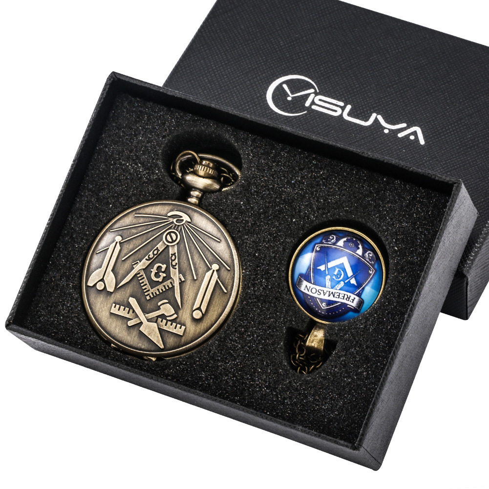 Hidden Meanings of Freemason Symbols G Quartz Pocket Watch with Necklace Sets Pendant Chain Jewelry Clock Gifts for Men Women 250529