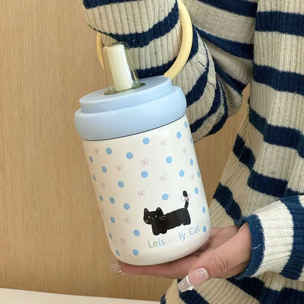 Winter 500ML Thermal Water Bottle With handle Cartoon Cat Vacuum Cup Lid Straw Portable Insulated Cup for Student Thermoses C251008